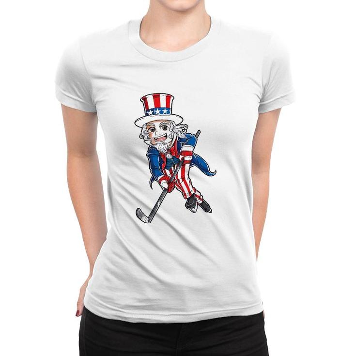 Hockey American Flag 4Th Of July Kids Boys Uncle Sam Women T-shirt