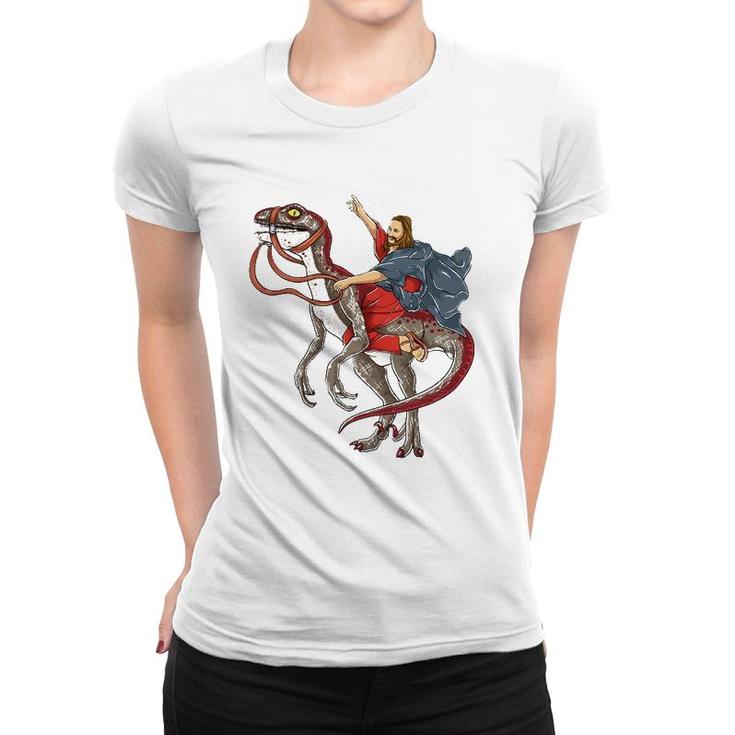 Jesus Riding A Dinosaur  Raptor Dinosaur Parody Women T-shirt