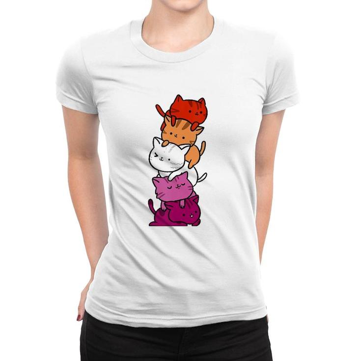Kawaii Cat Pile Orange Pink Lesbian Pride  Women T-shirt