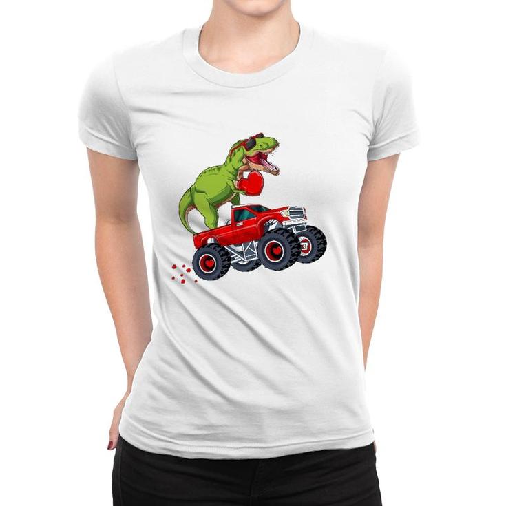 Kids Valentine's Day T Rex Riding Monster Truck Funny Toddler Women T-shirt