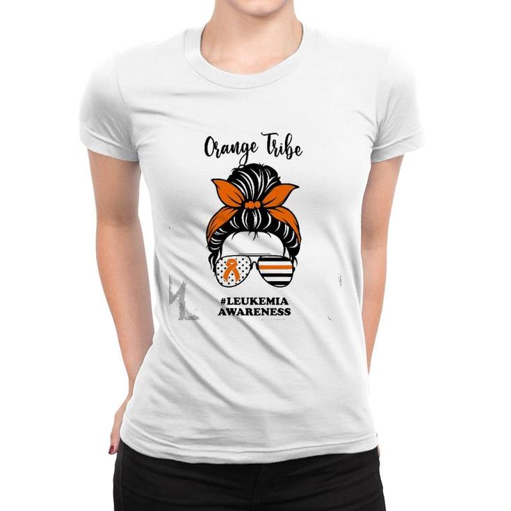 Leukemia Awareness Orange Tribe Ribbon Messy Bun Support Women T-shirt