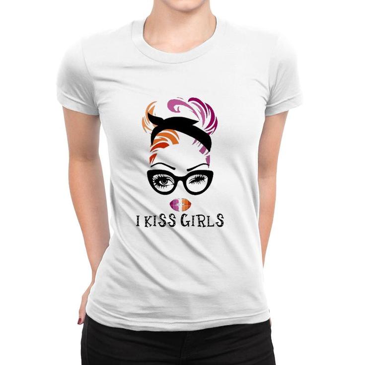 Lgbt Lesbian Pride Flag I Kiss Girls Lesbian Flag Messy Bun Lips Glasses Women T-shirt