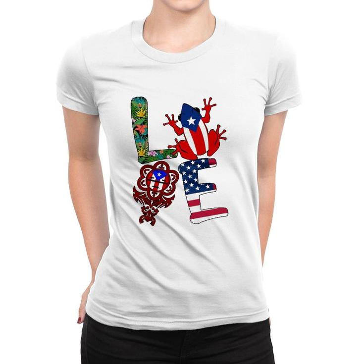 Love Puerto Rico Puerto Rican Flag Symbols Frog Atabey American Flag Floral Women T-shirt