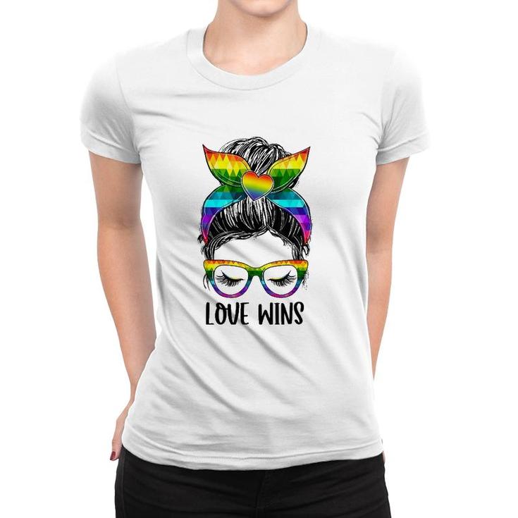 Love Wins Messy Bun Rainbow Lgbt Gay Pride Lgbt Awareness Women T-shirt