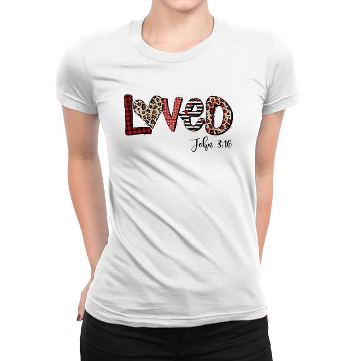 Loved Jesus Christian Valentine's Day Buffalo Plaid Leopard Women T-shirt