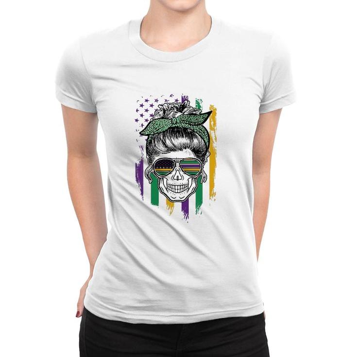 Mardi Gras Skull American Flag Funny Women T-shirt