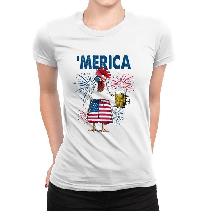 Merica Funny Chicken With Beer Usa Flag 4Th Of July Women T-shirt