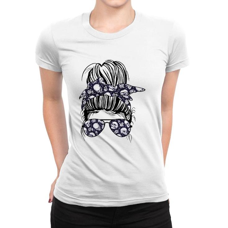 Messy Bun Skull With Flowers Print Sunglasses Goth Women Women T-shirt
