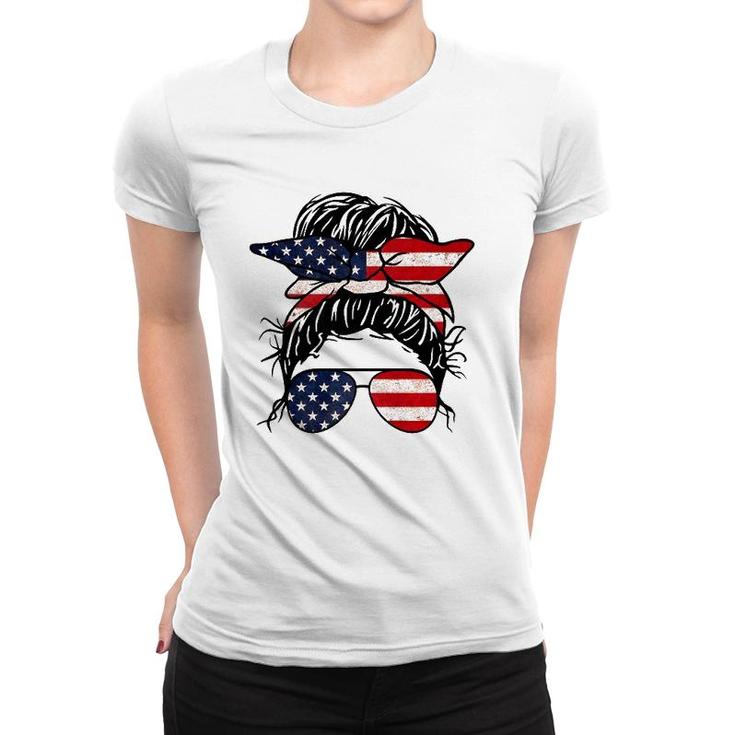 Messy Bun Usa Flag Glasses 4Th Of July Patriotic  Women T-shirt