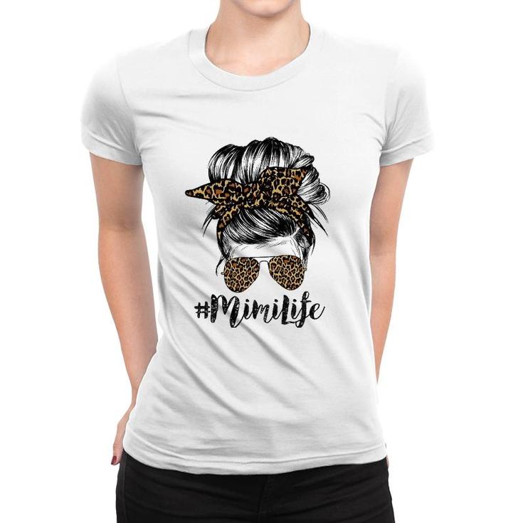 Mimi Life Messy Bun Hair Bandana Glasses Leopard Print Mother's Day Women T-shirt