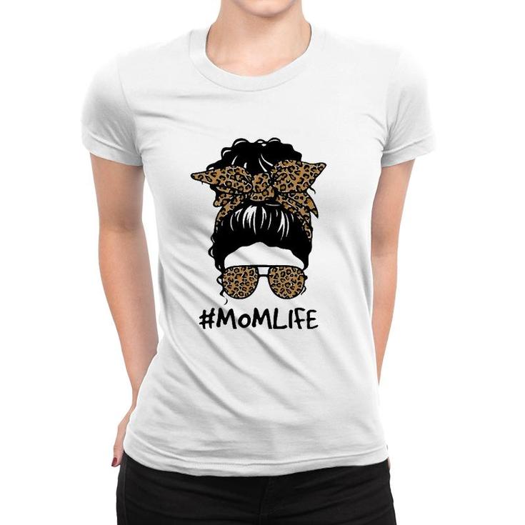 Mom Life Messy Bun Hair Leopard Plaid Momlife Mother's Day Women T-shirt
