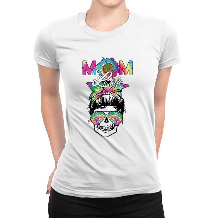 Mom Life Skull Messy Bun Tie Dye Bandana Mother's Day Mama Women T-shirt