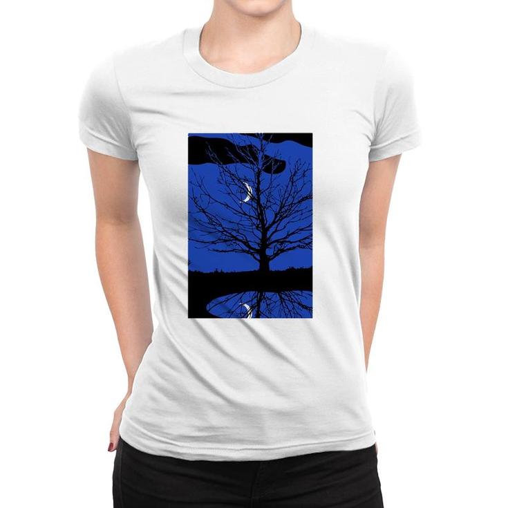 Moon With Tree Cobalt Blue And Black Women T-shirt