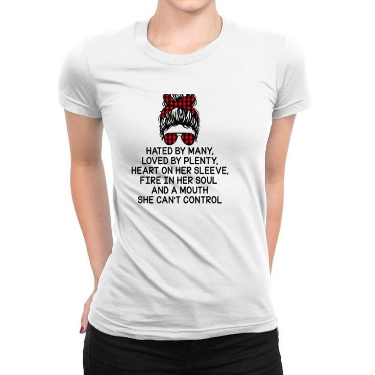 Nurse Hated By Many Loved By Plenty Heart On Her Sleeve Fire In Her Soul And A Mouth She Can’T Control Messy Bun Buffalo Plaid Bandana Women T-shirt