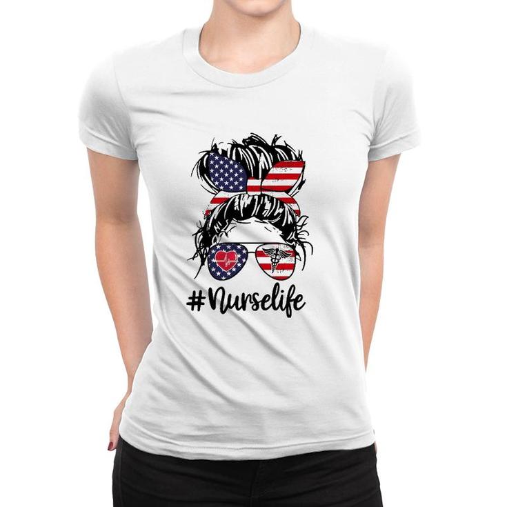 Nurse Life Girl With Messy Buns American Flag Women T-shirt