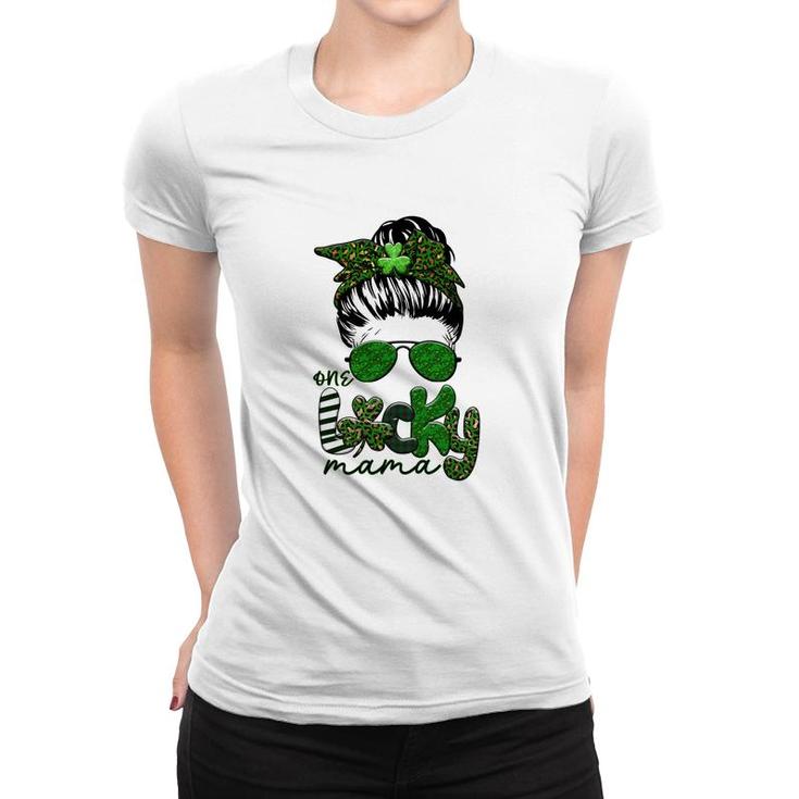 One Lucky Mama Messy Bun Leopard Design Happy St Patricks Day Women T-shirt