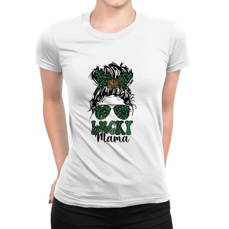 Patricks Lucky Mama Leopard Buffalo Clovers Messy Bun Girls Women T-shirt