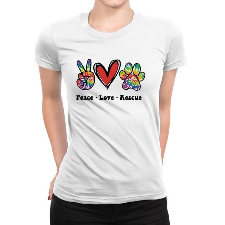 Peace Love And Rescue Peace Sign Heart Paw Print Cat And Dog Women T-shirt
