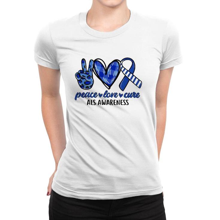 Peace Love Cure Blue & White Ribbon Als Awareness Month Women T-shirt
