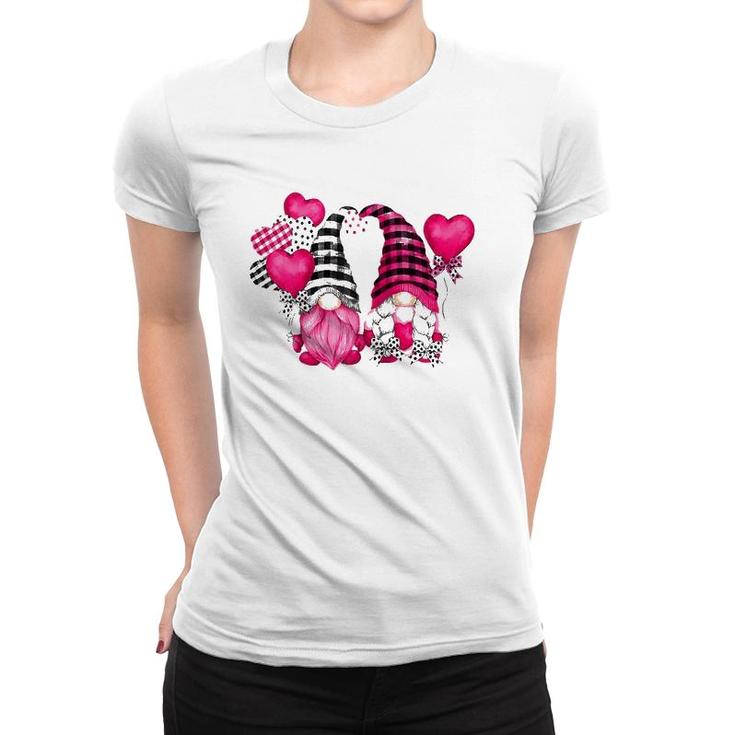 Pink Buffalo Plaid And Heart Balloons Valentine's Day Gnome Raglan Baseball Tee Women T-shirt