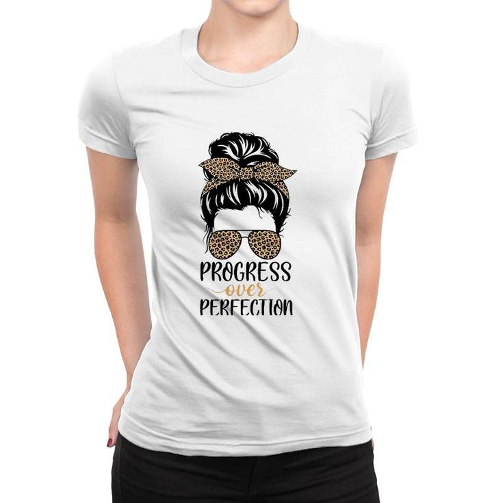 Progress Over Perfection Messy Bun Hair Teacher Leopard Women T-shirt