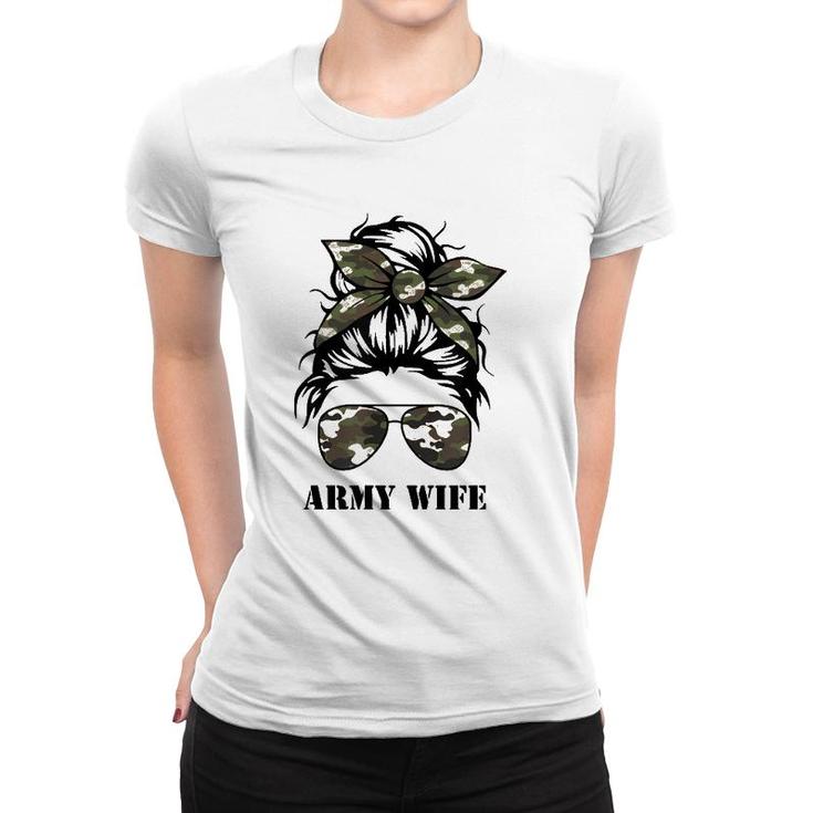 Proud Army Wife Messy Bun Camo Flag Spouse Military Pride Pullover Women T-shirt