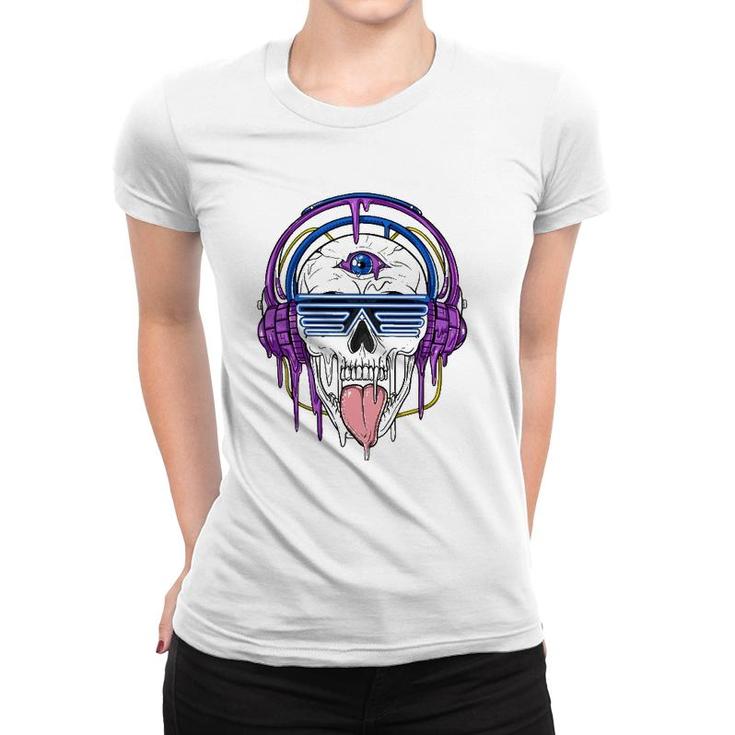 Psychedelic Skull Headphones Psytrance Techno Edm Festival Women T-shirt