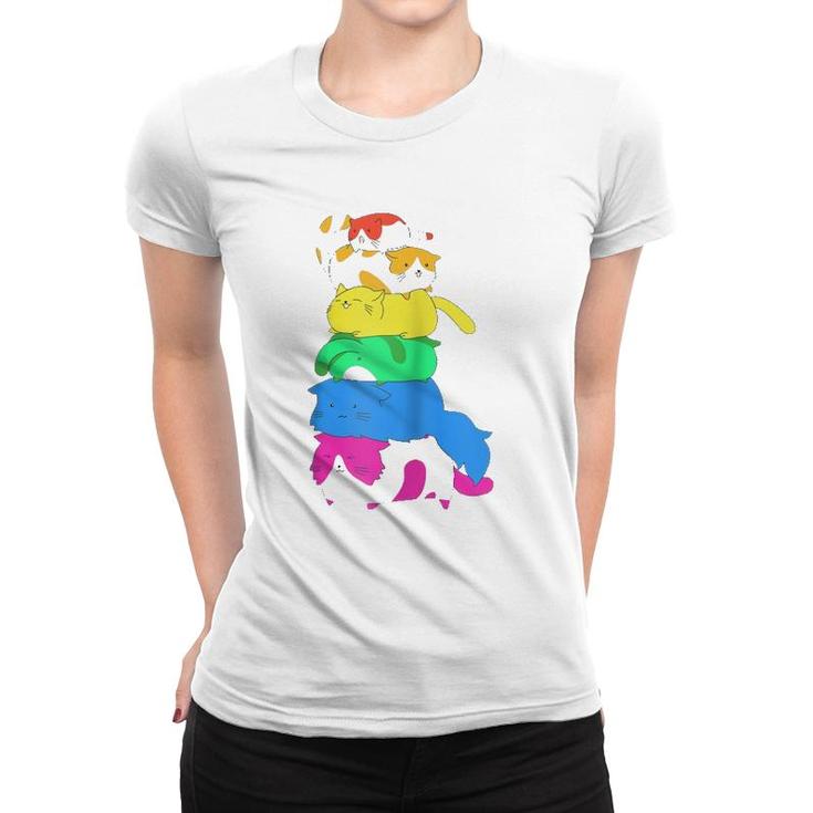 Purride Rainbow Lgbt Cat Pile Funny Feline Gay Pride Cat  Women T-shirt