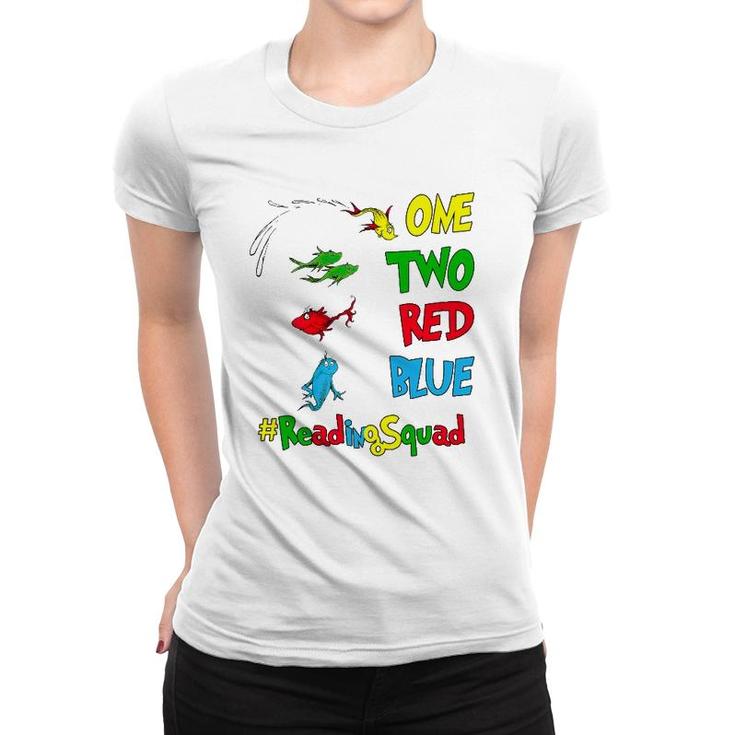 Reading Teacher Squad One Two Red Blue Fish Women T-shirt