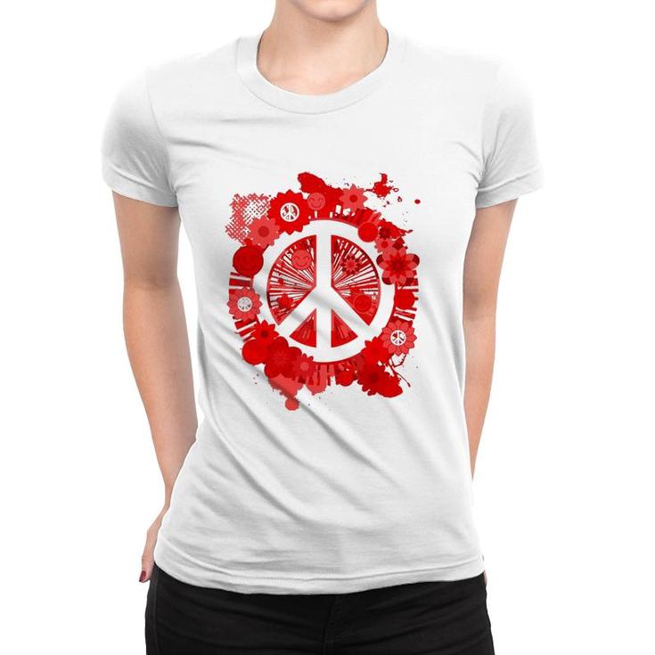 Red Peace Sign 70S Hippie Happiness Flowers Women T-shirt