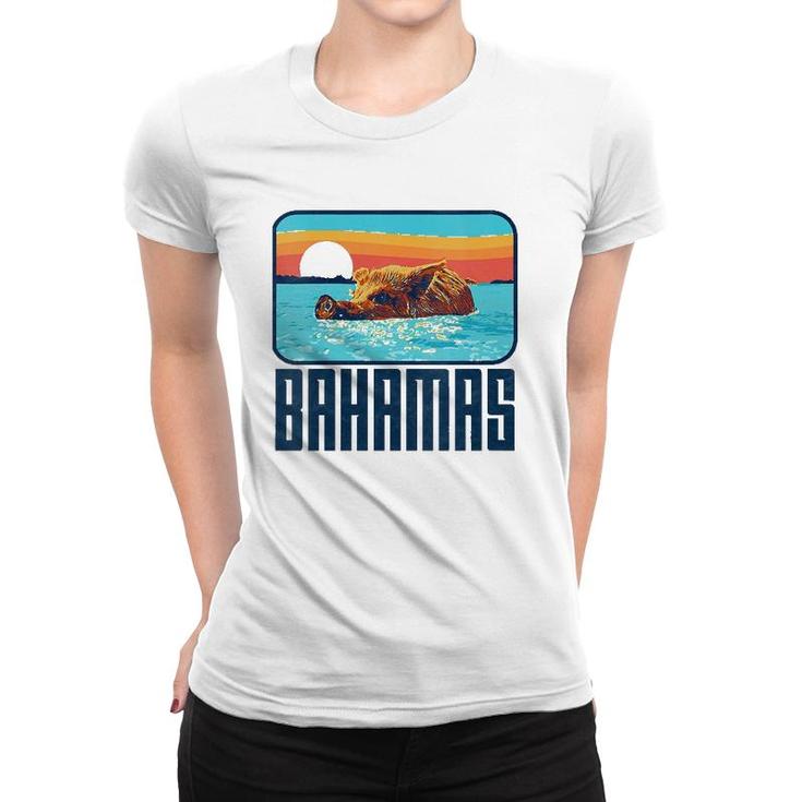 Retro Bahamas Swimming Pig Funny Vintage Feral Hog Beach Women T-shirt