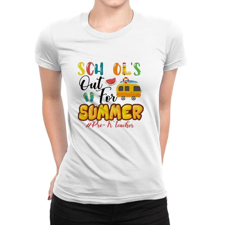 School's Out For Summer Pre-K Teacher Beach Vacation Van Car And Flip-Flops Women T-shirt