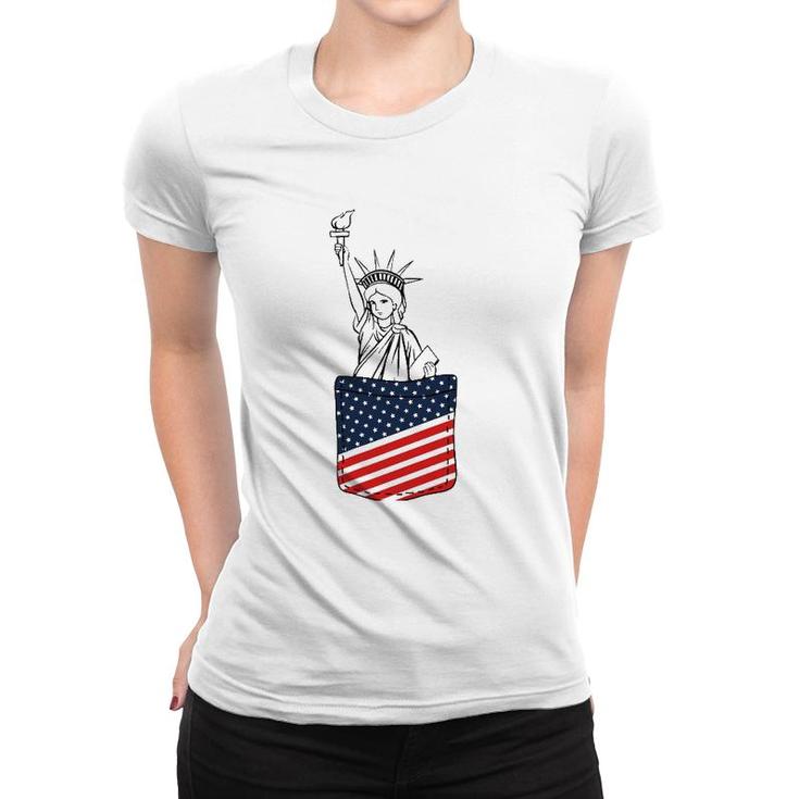 Statue Of Liberty Pocket 4Th Of July Patriotic American Flag Women T-shirt
