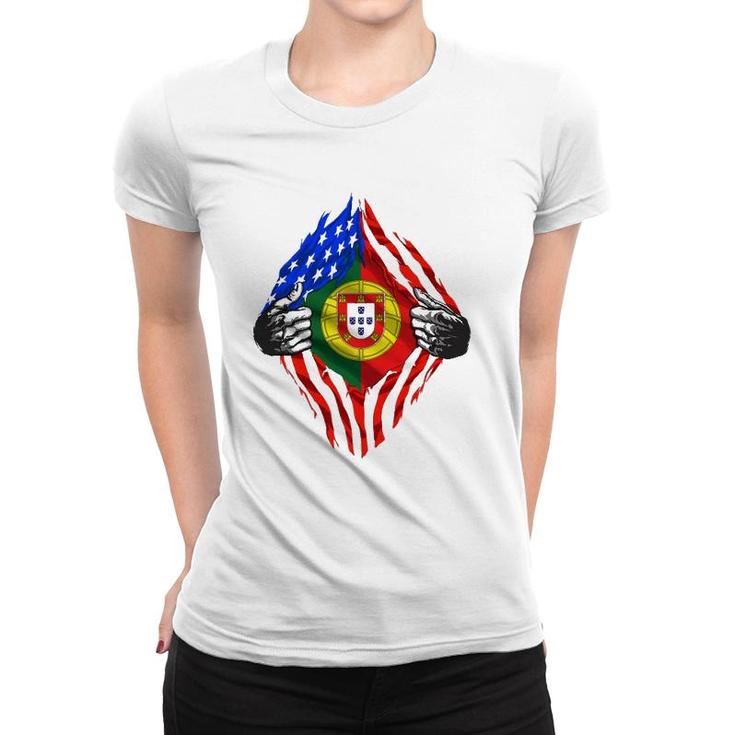 Super Portuguese Heritage Portugal Roots American Flag Gift Women T-shirt