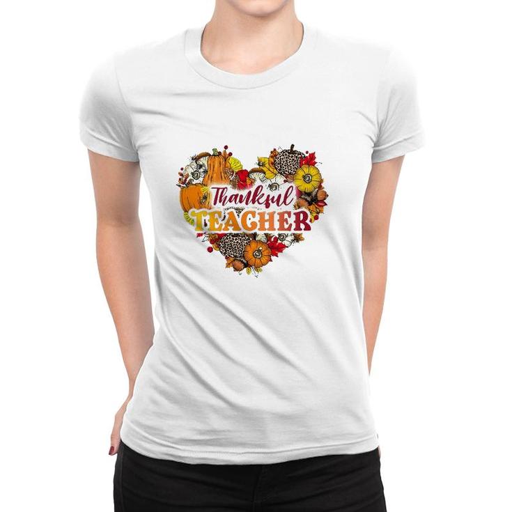 Thankful Teacher Leopard Pumpkin Heart Happy Thanksgiving Day Women T-shirt
