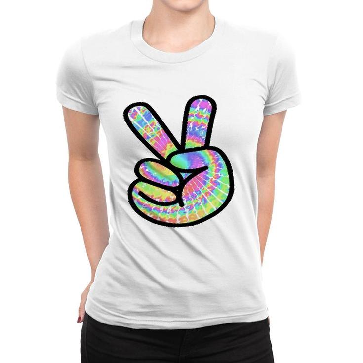 Tie-Dye Peace Sign Love Happy Colorful Tie-Dye Hippie Finger Women T-shirt