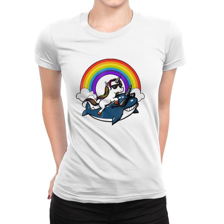 Unicorn Riding Narwhal Fish Magical Rainbow Women T-shirt