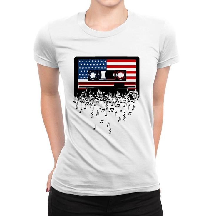 Usa American Flag Music Notes & Retro Cassette 4Th Of July Women T-shirt