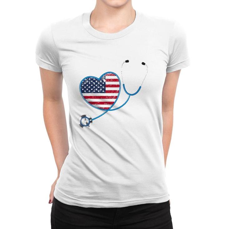 Usa Flag Heart 4Th Of July Gifts Nurse Women T-shirt