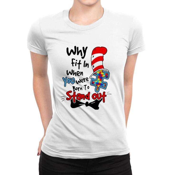 Why Fit In Autism Awareness Doctor Teacher Hat Cat Book Women T-shirt