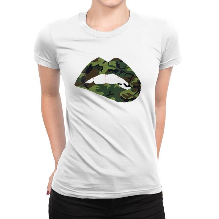 Womens Camouflage Lips Mouth Military Kiss Me Biting Camo Kissing V-Neck Women T-shirt