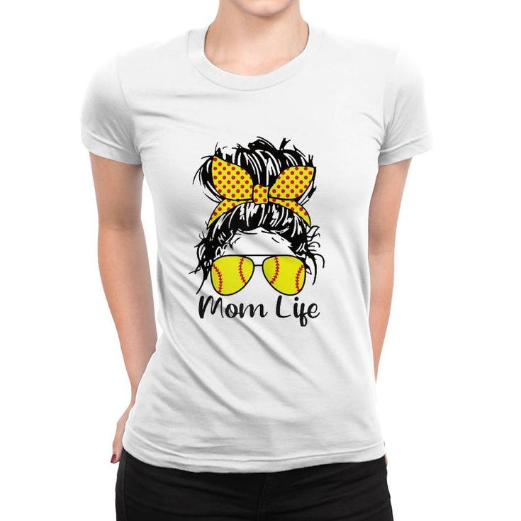 Womens Dy Mom Life Softball Baseball Mother's Day Messy Bun Women T-shirt