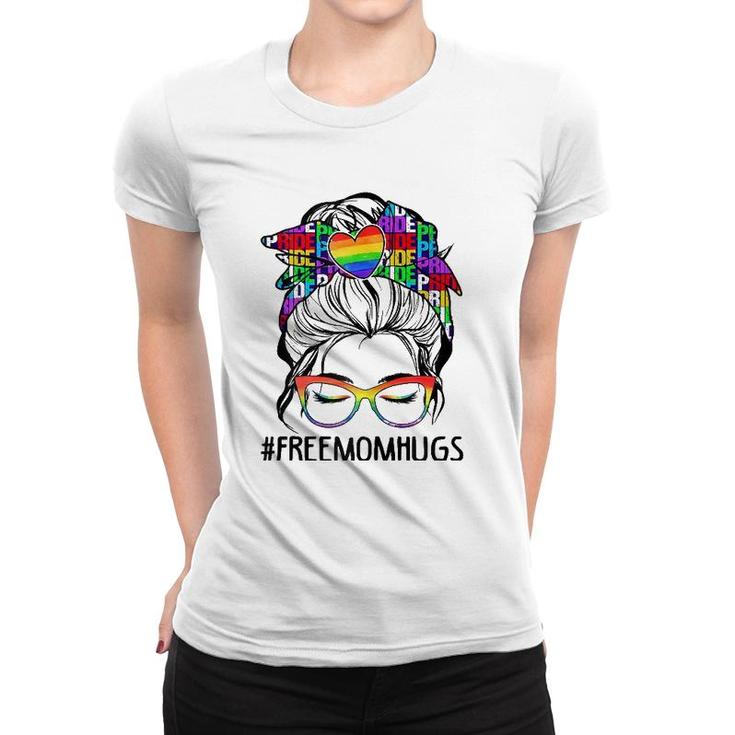 Womens Free Mom Hugs Messy Bun Lgbt Pride Rainbow  Women T-shirt