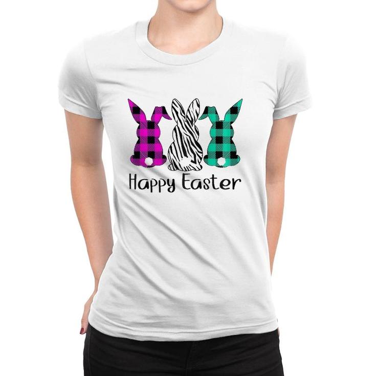 Womens Happy Easter Plaid Zebra Print Bunnies Easter  Women T-shirt