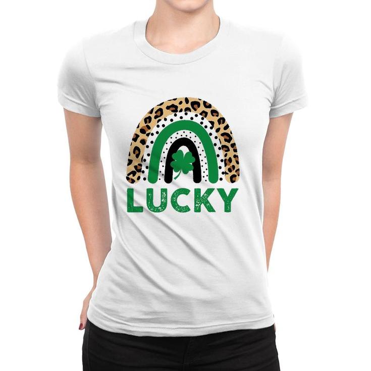 Womens Lucky Shamrock Leopard Print Rainbow St Patrick's Day Women T-shirt