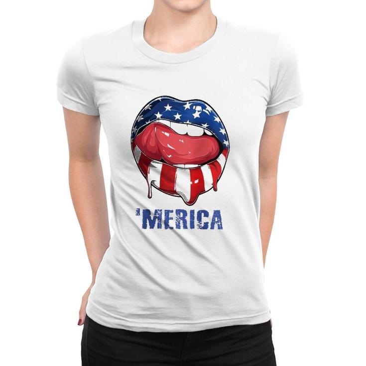 Womens 'Merica American Flag Mouth Lips 4Th Of July Teens Women Raglan Baseball Tee Women T-shirt