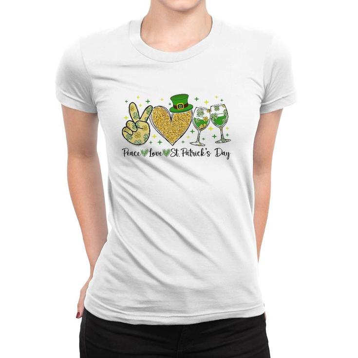 Womens Peace Love St Patrick's Day Cheer Drinking Glitter Shamrock V-Neck Women T-shirt