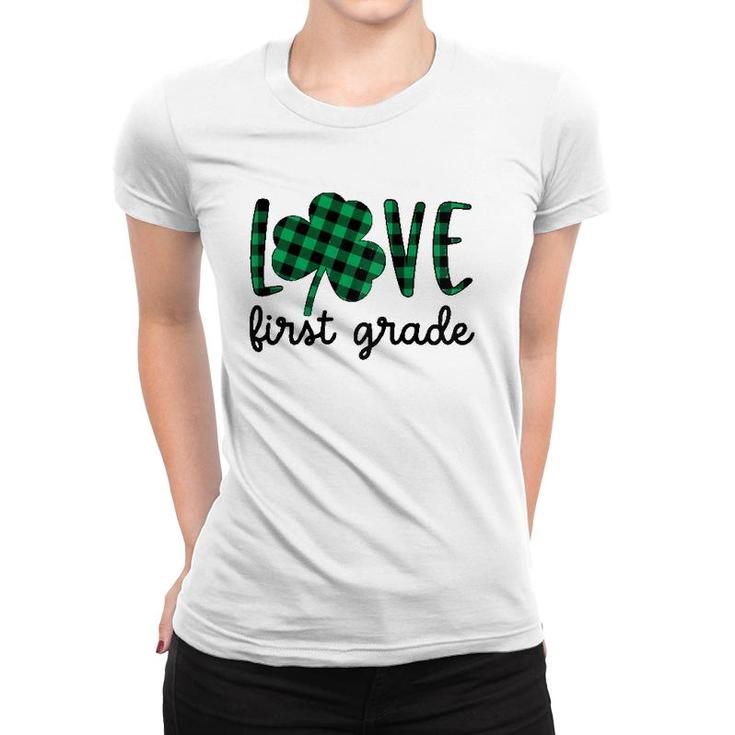 Womens St Patrick's Day Love First Grade Teacher Plaid Shamrock Raglan Baseball Tee Women T-shirt