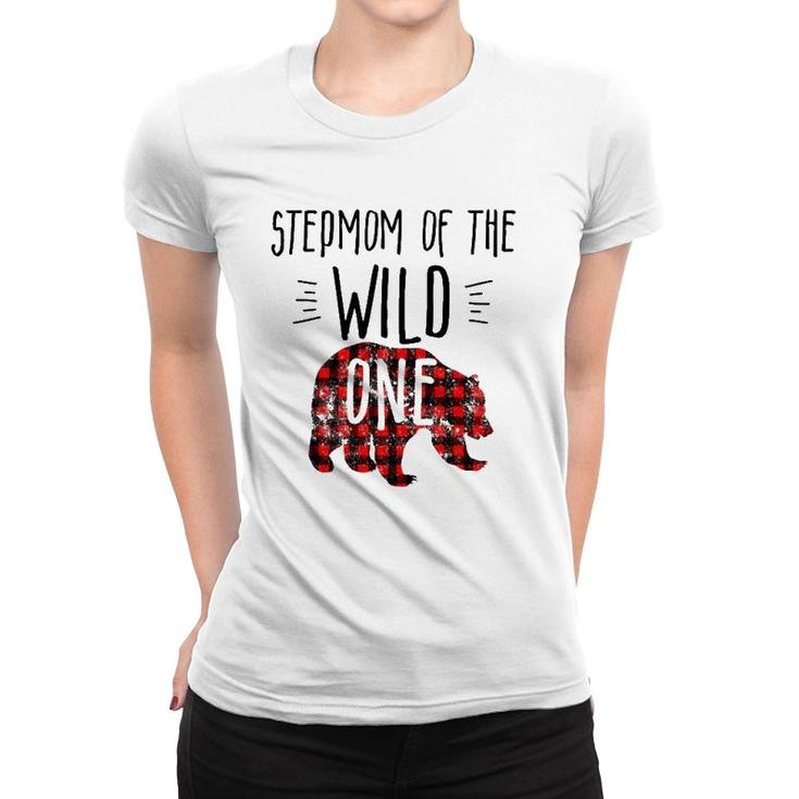 Womens Stepmom Of Wild One Buffalo Plaid Lumberjack 1St Birthday Women T-shirt