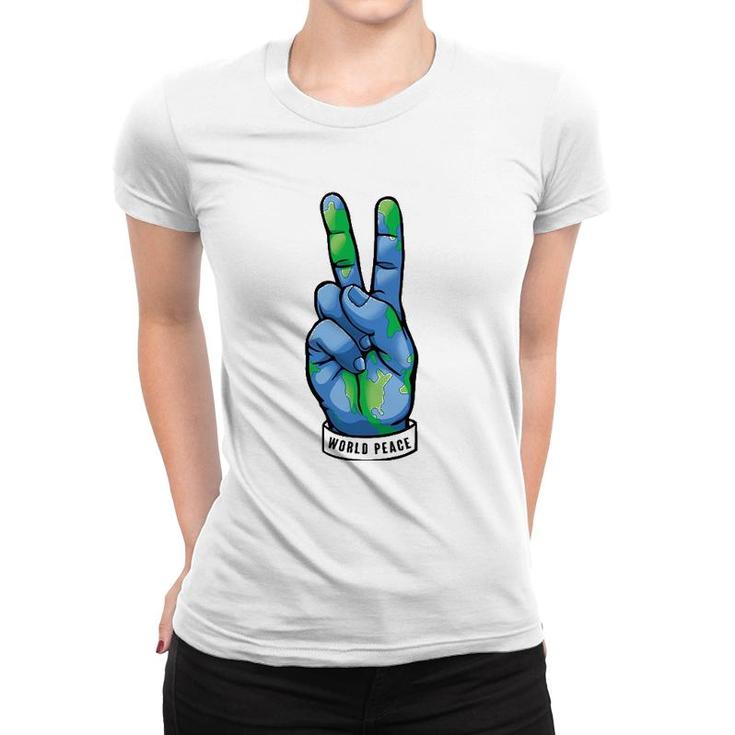 World Peace Earth Day Awareness Peace Sign Hand Gesture Women T-shirt